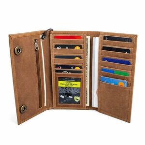 Men's Brown Leather Trifold Motorcycle Chain Deluxe Wallet RFID Check Book